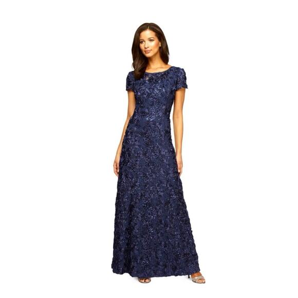 ALEX EVENINGS Navy Rosette Gown Sequin Floral Winter Wedding 14 Large - Picture 1 of 14